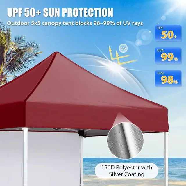 Alt view image 2 of 7 - Pop up Canopy 5x5, Outdoor Portable Canopy Tent with One Removable Sunwall, Carry Bag Included, Burgundy