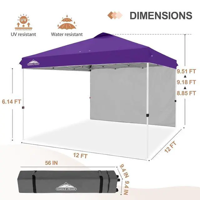 Alt view image 3 of 7 - Commercial Canopy 12x12 Pop Up Canopy Tent with 1 Sidewall, Easy Setup Heavy Duty Instant Event Shelter for Vendors & Markets, Outdoor Sun Shade, Purple