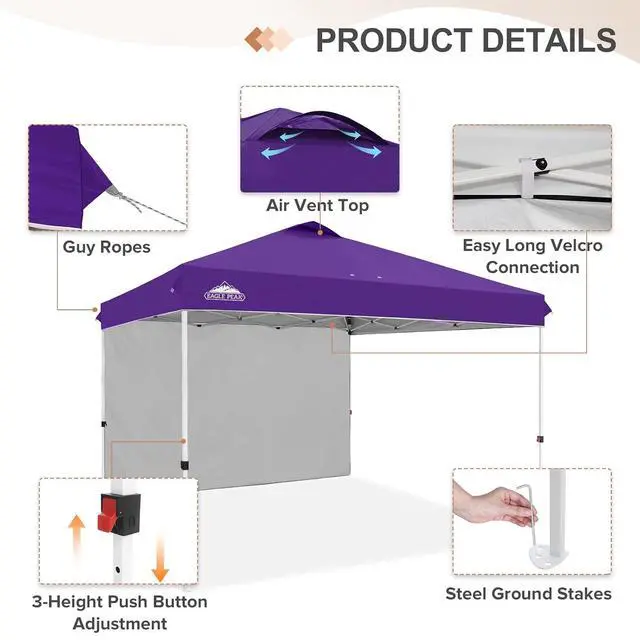 Alt view image 6 of 7 - Commercial Canopy 12x12 Pop Up Canopy Tent with 1 Sidewall, Easy Setup Heavy Duty Instant Event Shelter for Vendors & Markets, Outdoor Sun Shade, Purple