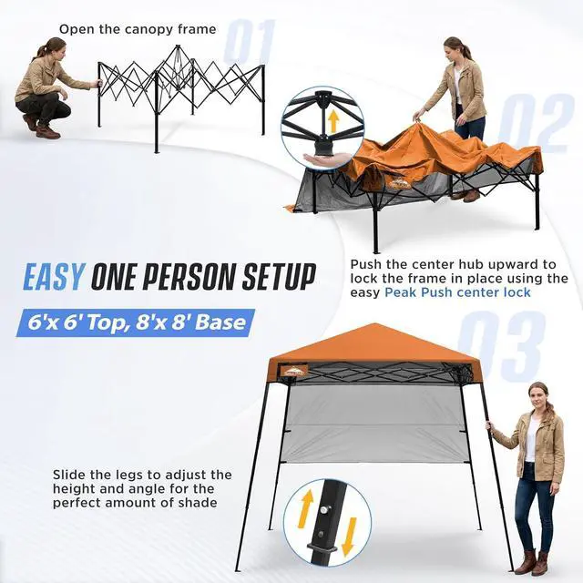 Alt view image 6 of 7 - 8x8 Pop Up Canopy Tent with Sidewall, Compact, Portable Slant Leg Instant Sun Shelter for Beach, Sports, & Camping, 8x8 Base 6x6 Top, Orange