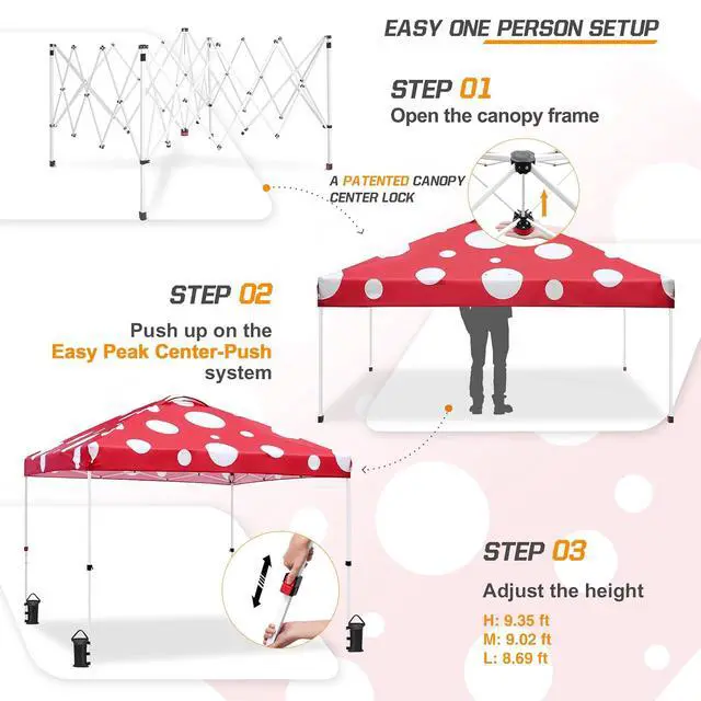 Alt view image 2 of 7 - Pop Up Canopy Tent with Wheeled Carry Bag, 8 Stakes, 4 Ropes, 4 Weight Bags, Easy Set Up Tent Canopy, 10x10 ft, 100sqft of Shade, Red Mushroom