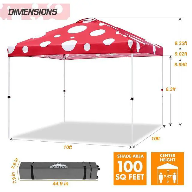 Alt view image 3 of 7 - Pop Up Canopy Tent with Wheeled Carry Bag, 8 Stakes, 4 Ropes, 4 Weight Bags, Easy Set Up Tent Canopy, 10x10 ft, 100sqft of Shade, Red Mushroom