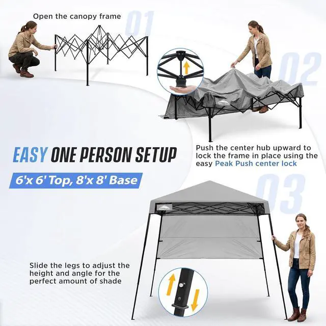 Alt view image 6 of 7 - 8x8 Pop Up Canopy Tent with Sidewall, Compact, Portable Slant Leg Instant Sun Shelter for Beach, Sports, & Camping, 8x8 Base 6x6 Top, Light Gray