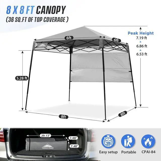 Alt view image 3 of 7 - 8x8 Pop Up Canopy Tent with Sidewall, Compact, Portable Slant Leg Instant Sun Shelter for Beach, Sports, & Camping, 8x8 Base 6x6 Top, Light Gray