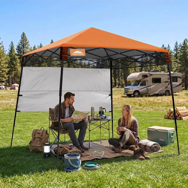 Alt view image 5 of 7 - 8x8 Pop Up Canopy Tent with Sidewall, Compact, Portable Slant Leg Instant Sun Shelter for Beach, Sports, & Camping, 8x8 Base 6x6 Top, Orange