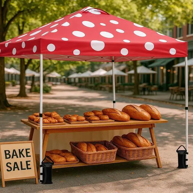 Alt view image 5 of 7 - Pop Up Canopy Tent with Wheeled Carry Bag, 8 Stakes, 4 Ropes, 4 Weight Bags, Easy Set Up Tent Canopy, 10x10 ft, 100sqft of Shade, Red Mushroom
