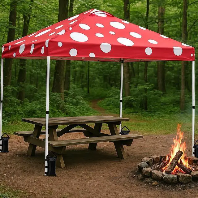 Alt view image 7 of 7 - Pop Up Canopy Tent with Wheeled Carry Bag, 8 Stakes, 4 Ropes, 4 Weight Bags, Easy Set Up Tent Canopy, 10x10 ft, 100sqft of Shade, Red Mushroom