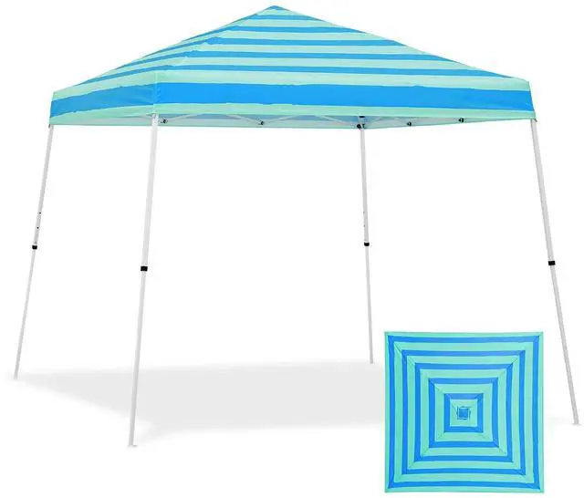 Main image of 10x10 Slant Leg Pop-up Canopy Tent Easy One Person Setup Instant Outdoor Beach Canopy Folding Portable Sports Shelter 10x10 Base 8x8 Top (Green Blue Stripe)