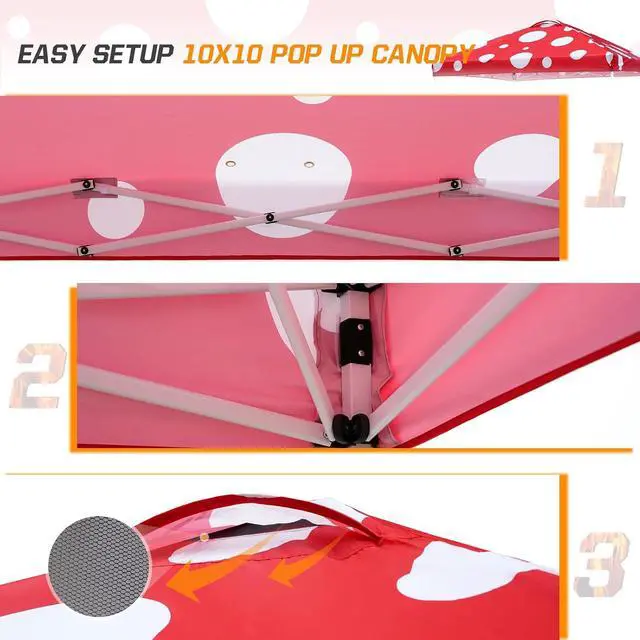 Alt view image 6 of 7 - Pop Up Canopy Tent with Wheeled Carry Bag, 8 Stakes, 4 Ropes, 4 Weight Bags, Easy Set Up Tent Canopy, 10x10 ft, 100sqft of Shade, Red Mushroom
