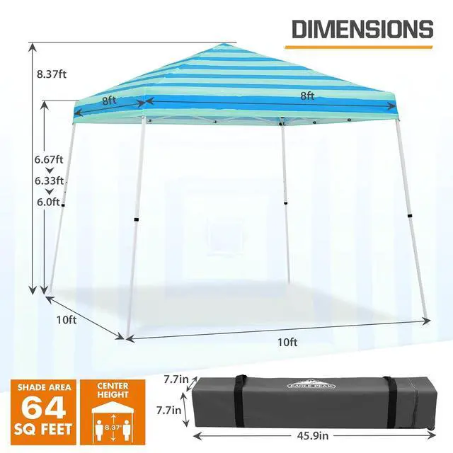 Alt view image 3 of 7 - 10x10 Slant Leg Pop-up Canopy Tent Easy One Person Setup Instant Outdoor Beach Canopy Folding Portable Sports Shelter 10x10 Base 8x8 Top (Green Blue Stripe)
