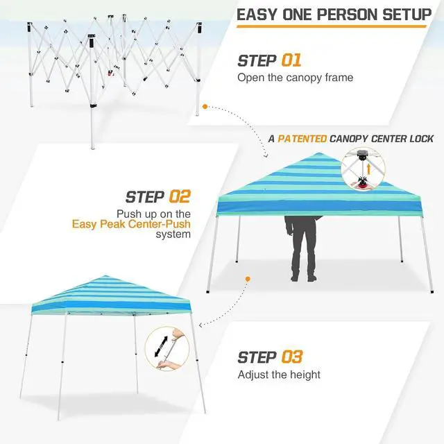 Alt view image 2 of 7 - 10x10 Slant Leg Pop-up Canopy Tent Easy One Person Setup Instant Outdoor Beach Canopy Folding Portable Sports Shelter 10x10 Base 8x8 Top (Green Blue Stripe)