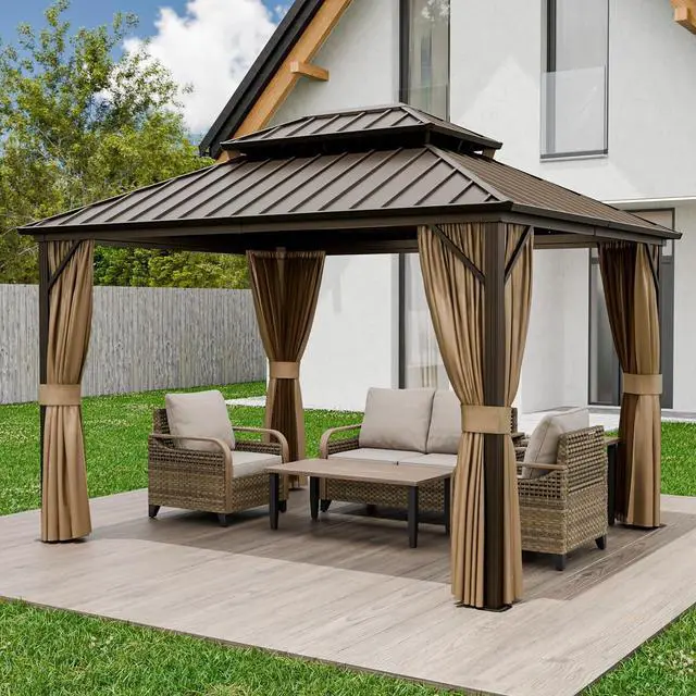 Main image of 12x10 Hardtop Gazebo, Galvanized Steel Double Roof with Aluminum Frame, Outdoor Pavilion with Netting and Curtains for Patio, Deck, Lawn and Garden, Dark Brown/Tan