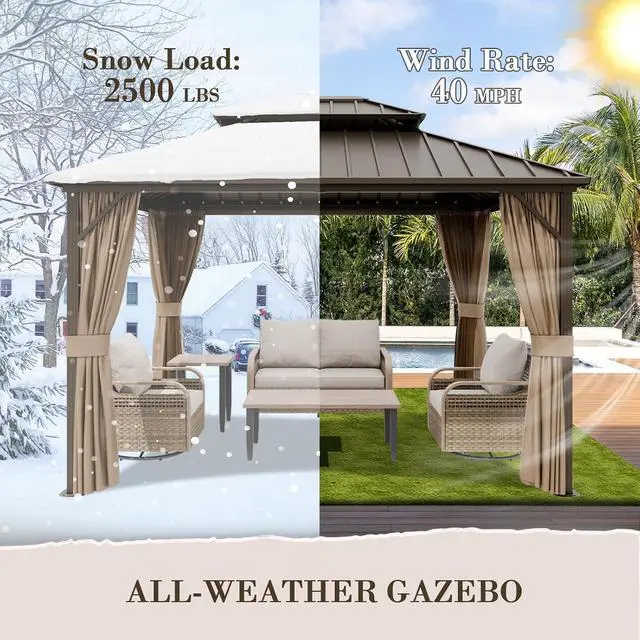 Alt view image 6 of 7 - 12x10 Hardtop Gazebo, Galvanized Steel Double Roof with Aluminum Frame, Outdoor Pavilion with Netting and Curtains for Patio, Deck, Lawn and Garden, Dark Brown/Tan