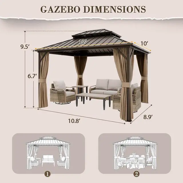 Alt view image 3 of 7 - 12x10 Hardtop Gazebo, Galvanized Steel Double Roof with Aluminum Frame, Outdoor Pavilion with Netting and Curtains for Patio, Deck, Lawn and Garden, Dark Brown/Tan