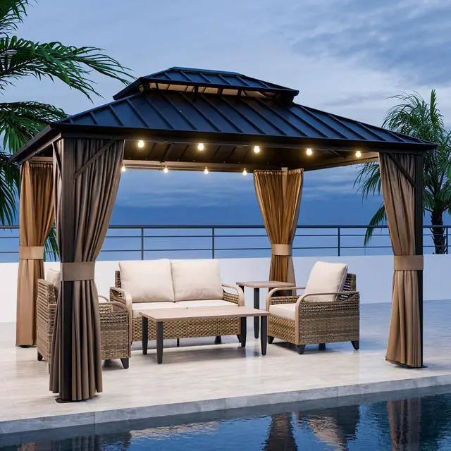 Alt view image 7 of 7 - 12x10 Hardtop Gazebo, Galvanized Steel Double Roof with Aluminum Frame, Outdoor Pavilion with Netting and Curtains for Patio, Deck, Lawn and Garden, Dark Brown/Tan