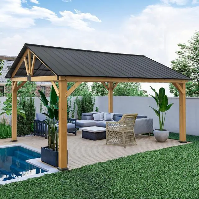 Main image of 13x15 Hardtop Gazebo, Exposed Beam A-Frame Gazebo, Galvanized Steel Gable Roof with Cedar Wood Frame, Outdoor Pavilion for Patio, Deck, Lawn and Garden, Natural Wood/Black