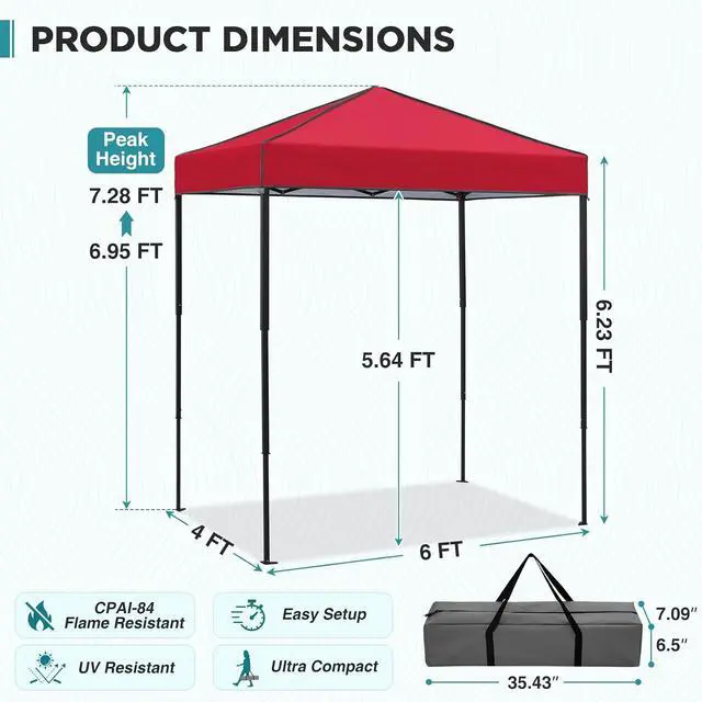 Alt view image 3 of 7 - 6x4 Instant Pop Up Canopy Tent, Straight Leg Sun Shelter, Portable Canopy with Carry Bag for Camping, Beach & Sports, Red