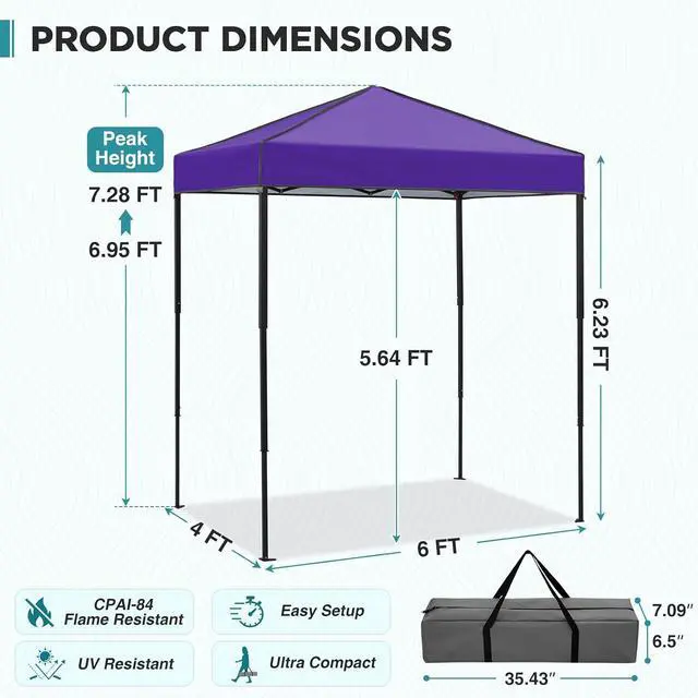 Alt view image 3 of 7 - 6x4 Instant Pop Up Canopy Tent, Straight Leg Sun Shelter, Portable Canopy with Carry Bag for Camping, Beach & Sports, Purple