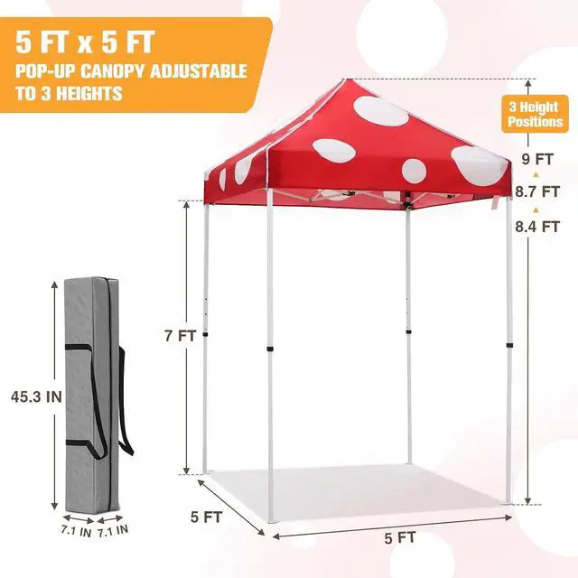 Alt view image 3 of 7 - 5x5 Pop Up Canopy Tent Instant Outdoor Canopy Easy Set-up Straight Leg Folding Shelter, Red Mushroom