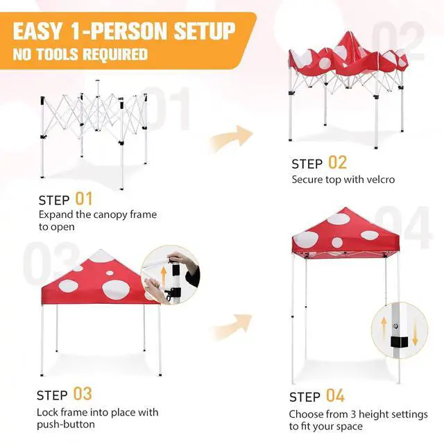 Alt view image 4 of 7 - 5x5 Pop Up Canopy Tent Instant Outdoor Canopy Easy Set-up Straight Leg Folding Shelter, Red Mushroom