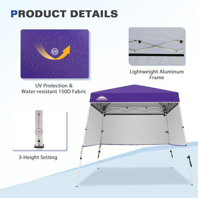 Alt view image 4 of 7 - Day Tripper 8x8 Aluminum Super-Lightweight Slant Leg Pop Up Canopy with 3 Removable Walls, Instant Outdoor Backpack Canopy Tent, Outside Beach Folding Sun Shelter, 8x8 Base 6x6 Top, Purple