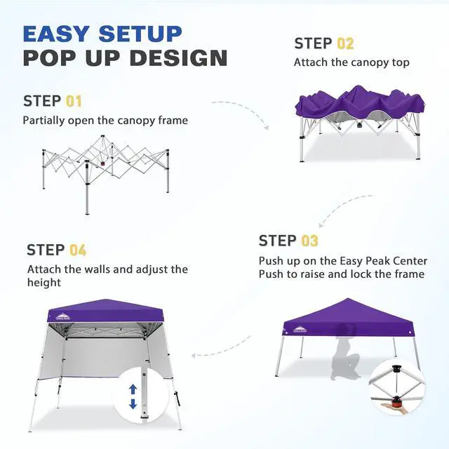 Alt view image 6 of 7 - Day Tripper 8x8 Aluminum Super-Lightweight Slant Leg Pop Up Canopy with 3 Removable Walls, Instant Outdoor Backpack Canopy Tent, Outside Beach Folding Sun Shelter, 8x8 Base 6x6 Top, Purple