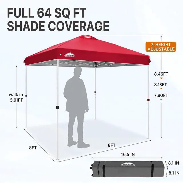 Alt view image 3 of 7 - Pop Up Canopy Tent with Wheeled Carry Bag, 8 Stakes, 4 Ropes, Easy Set Up Tent Canopy, 8x8 ft, Red