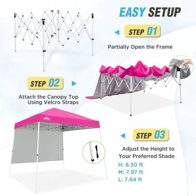 Alt view image 2 of 7 - 10x10 Pop Up Canopy Tent with Sidewall, Compact, Portable Slant Leg Instant Sun Shelter for Beach, Sports, & Camping, 10x10 Base 8x8 Top, Pink