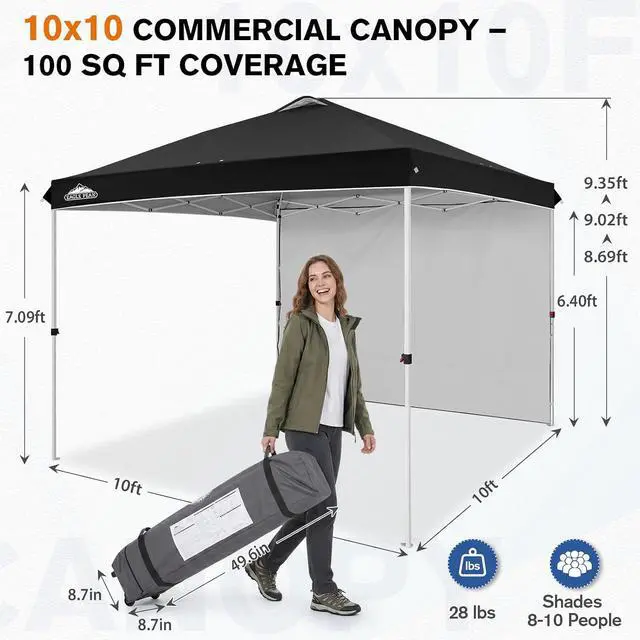 Alt view image 3 of 7 - Commercial Canopy 10x10 Pop Up Canopy Tent with 1 Sidewall, Easy Setup Heavy Duty Instant Event Shelter for Vendors & Markets, Outdoor Sun Shade, Black