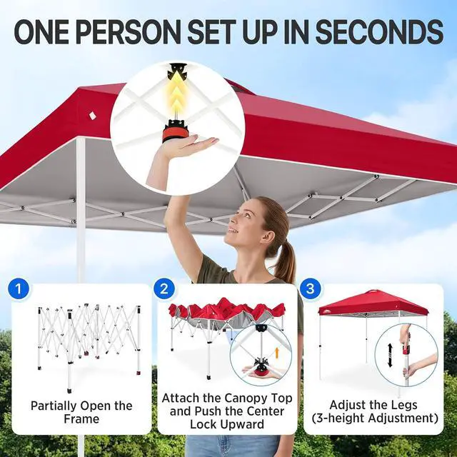 Alt view image 4 of 7 - Pop Up Canopy Tent with Wheeled Carry Bag, 8 Stakes, 4 Ropes, Easy Set Up Tent Canopy, 8x8 ft, Red