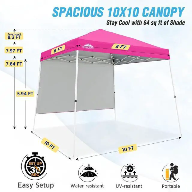 Alt view image 3 of 7 - 10x10 Pop Up Canopy Tent with Sidewall, Compact, Portable Slant Leg Instant Sun Shelter for Beach, Sports, & Camping, 10x10 Base 8x8 Top, Pink