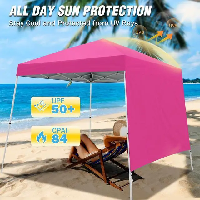 Alt view image 4 of 7 - 10x10 Pop Up Canopy Tent with Sidewall, Compact, Portable Slant Leg Instant Sun Shelter for Beach, Sports, & Camping, 10x10 Base 8x8 Top, Pink
