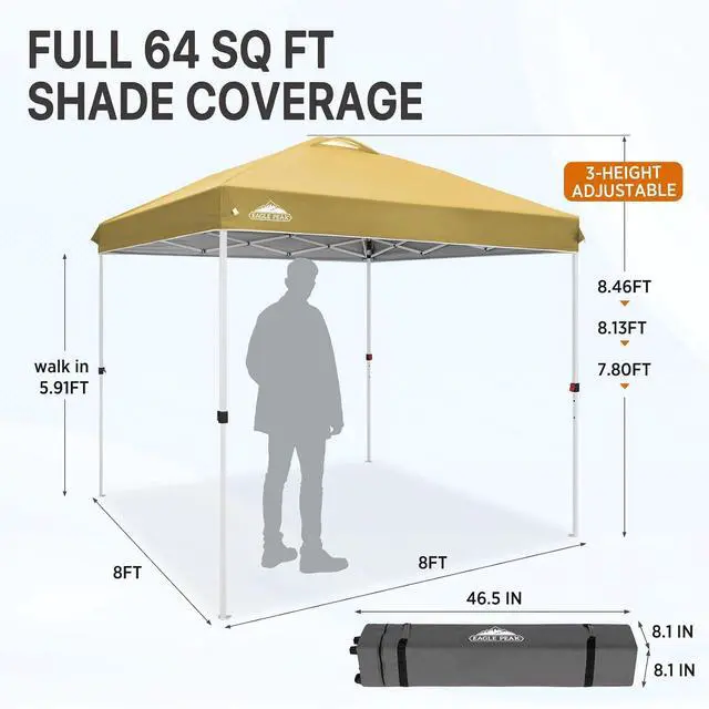 Alt view image 3 of 7 - Pop Up Canopy Tent with Wheeled Carry Bag, 8 Stakes, 4 Ropes, Easy Set Up Tent Canopy, 8x8 ft, Beige