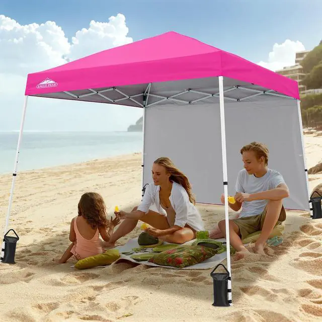 Alt view image 5 of 7 - 10x10 Pop Up Canopy Tent with Sidewall, Compact, Portable Slant Leg Instant Sun Shelter for Beach, Sports, & Camping, 10x10 Base 8x8 Top, Pink