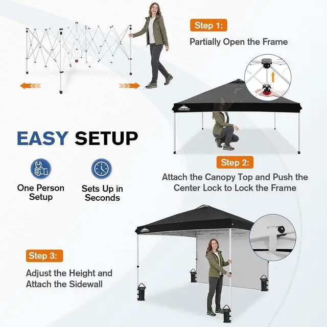 Alt view image 6 of 7 - Commercial Canopy 10x10 Pop Up Canopy Tent with 1 Sidewall, Easy Setup Heavy Duty Instant Event Shelter for Vendors & Markets, Outdoor Sun Shade, Black