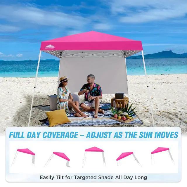 Alt view image 7 of 7 - 10x10 Pop Up Canopy Tent with Sidewall, Compact, Portable Slant Leg Instant Sun Shelter for Beach, Sports, & Camping, 10x10 Base 8x8 Top, Pink