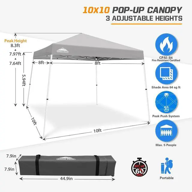 Alt view image 3 of 7 - 10x10 Slant Leg Pop-up Canopy Tent Easy One Person Setup Instant Outdoor Beach Canopy Folding Portable Sports Shelter 10x10 Base 8x8 Top (Light Gray)