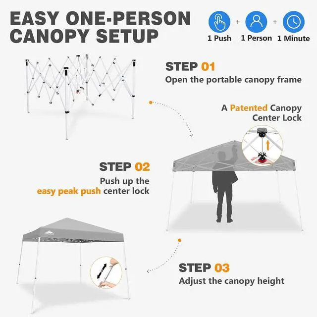 Alt view image 6 of 7 - 10x10 Slant Leg Pop-up Canopy Tent Easy One Person Setup Instant Outdoor Beach Canopy Folding Portable Sports Shelter 10x10 Base 8x8 Top (Light Gray)
