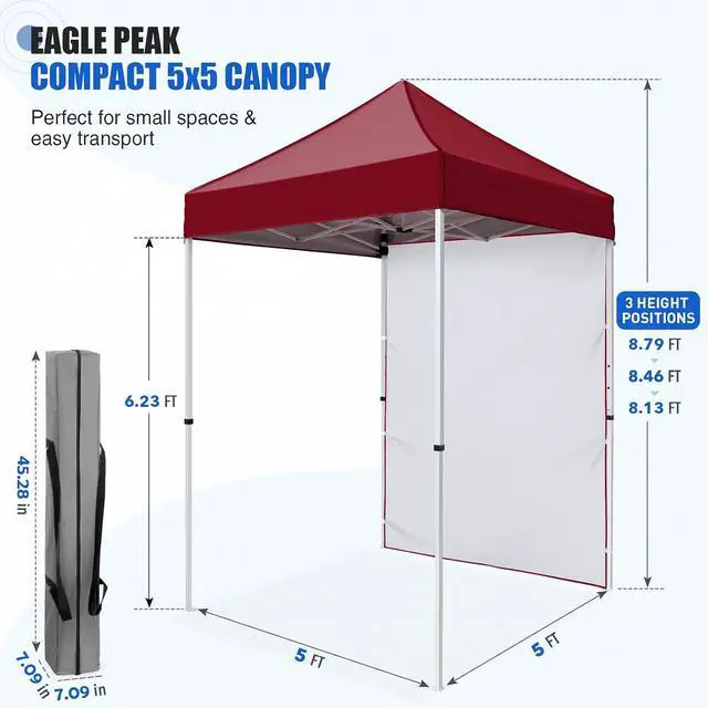 Alt view image 3 of 7 - Pop up Canopy 5x5, Outdoor Portable Canopy Tent with One Removable Sunwall, Carry Bag Included, Burgundy