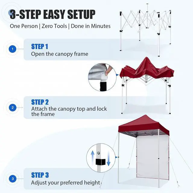Alt view image 7 of 7 - Pop up Canopy 5x5, Outdoor Portable Canopy Tent with One Removable Sunwall, Carry Bag Included, Burgundy