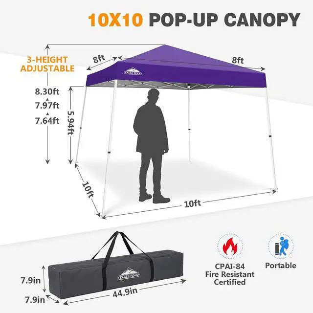 Alt view image 3 of 7 - 10x10 Slant Leg Pop-up Canopy Tent Easy One Person Setup Instant Outdoor Beach Canopy Folding Portable Sports Shelter 10x10 Base 8x8 Top (Purple)