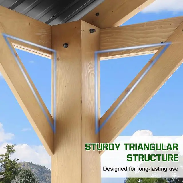 Alt view image 3 of 7 - 13x15 Hardtop Gazebo, Exposed Beam A-Frame Gazebo, Galvanized Steel Gable Roof with Cedar Wood Frame, Outdoor Pavilion for Patio, Deck, Lawn and Garden, Natural Wood/Black