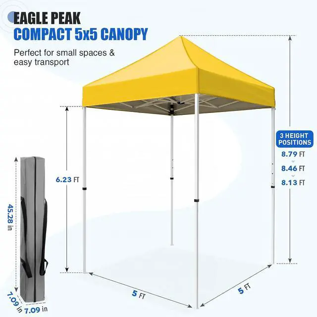 Alt view image 3 of 7 - 5x5 Pop Up Canopy Tent Instant Outdoor Canopy Easy Set-up Straight Leg Folding Shelter, Yellow