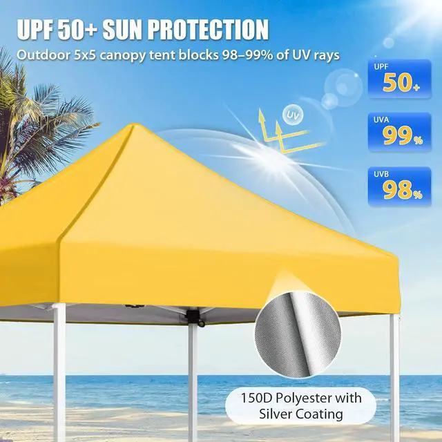 Alt view image 2 of 7 - 5x5 Pop Up Canopy Tent Instant Outdoor Canopy Easy Set-up Straight Leg Folding Shelter, Yellow