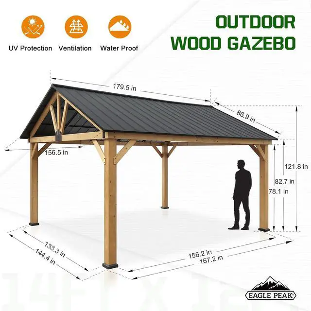 Alt view image 7 of 7 - 13x15 Hardtop Gazebo, Exposed Beam A-Frame Gazebo, Galvanized Steel Gable Roof with Cedar Wood Frame, Outdoor Pavilion for Patio, Deck, Lawn and Garden, Natural Wood/Black