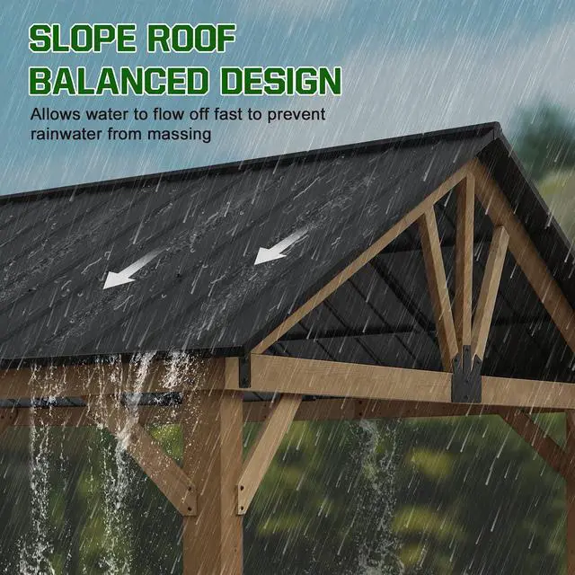 Alt view image 2 of 7 - 13x15 Hardtop Gazebo, Exposed Beam A-Frame Gazebo, Galvanized Steel Gable Roof with Cedar Wood Frame, Outdoor Pavilion for Patio, Deck, Lawn and Garden, Natural Wood/Black