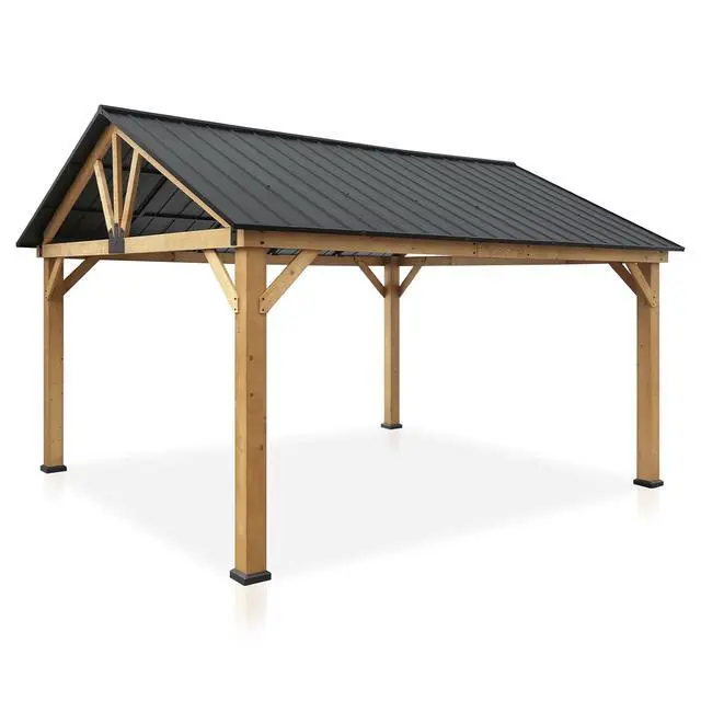 Alt view image 4 of 7 - 13x15 Hardtop Gazebo, Exposed Beam A-Frame Gazebo, Galvanized Steel Gable Roof with Cedar Wood Frame, Outdoor Pavilion for Patio, Deck, Lawn and Garden, Natural Wood/Black