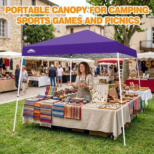 Alt view image 5 of 7 - 10x10 Slant Leg Pop-up Canopy Tent Easy One Person Setup Instant Outdoor Beach Canopy Folding Portable Sports Shelter 10x10 Base 8x8 Top (Purple)