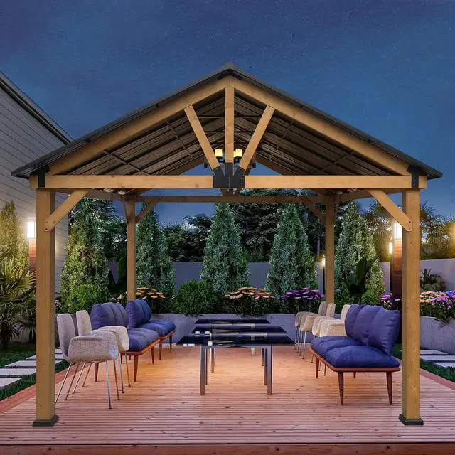 Alt view image 5 of 7 - 13x15 Hardtop Gazebo, Exposed Beam A-Frame Gazebo, Galvanized Steel Gable Roof with Cedar Wood Frame, Outdoor Pavilion for Patio, Deck, Lawn and Garden, Natural Wood/Black