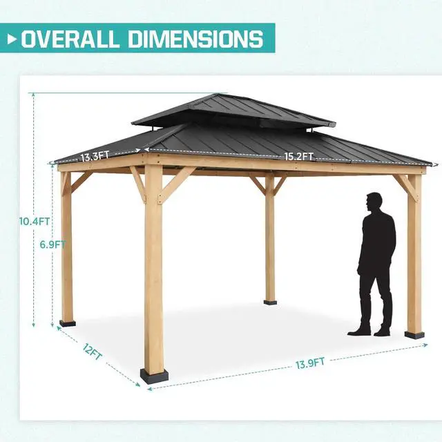 Alt view image 3 of 7 - 13x15 Hardtop Gazebo, Galvanized Steel Double Roof Gazebo with Cedar Wood Frame, Outdoor Pavilion for Patio, Deck, Lawn and Garden, Natural Wood/Black